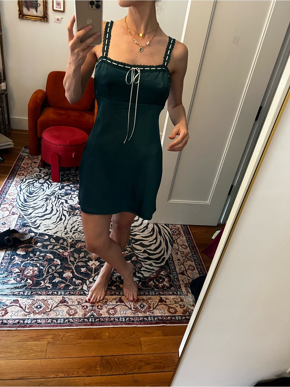 All in Favor Turquoise Green Satin Slip Dress with ribbon Trim
